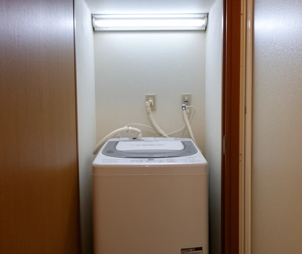 一人暮らしのアパートに置かれた縦型洗濯機